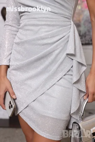 Рокля “Silver Glitter One‑Shoulder” – сребърна брокатена рокля арт.1864, снимка 4 - Рокли - 55671383