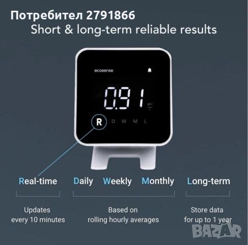 Ecosense EB100 EcoBlu, домашен радон детектор нов, снимка 6 - Друга електроника - 54755880