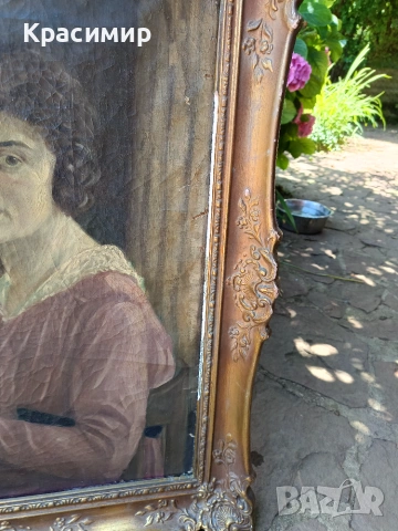 Старинна немска картина „Дамски портрет“ – масло на платно с масивна рамка (около 1920 г.) , снимка 4 - Антикварни и старинни предмети - 55258104
