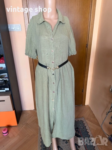 Ленена рокля в маслинено зелен цвят Zara, снимка 5 - Рокли - 54100255