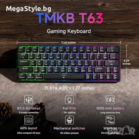 Геймърска клавиатура TMKB T63, 60% безжична механична клавиатура с Bluetooth/2.4G/Type-C, снимка 5 - Клавиатури и мишки - 55491637