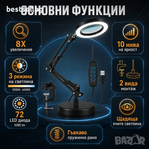 Професионална настолна лупа осветление голямо увеличение четене шиене, снимка 2 - Други инструменти - 42366305