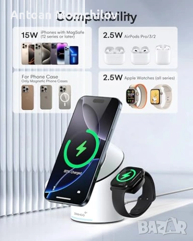Зарядна станция ZEEHOO CylinTrick R 15W Qi2 3 в 1, снимка 6 - Безжични зарядни - 55288715