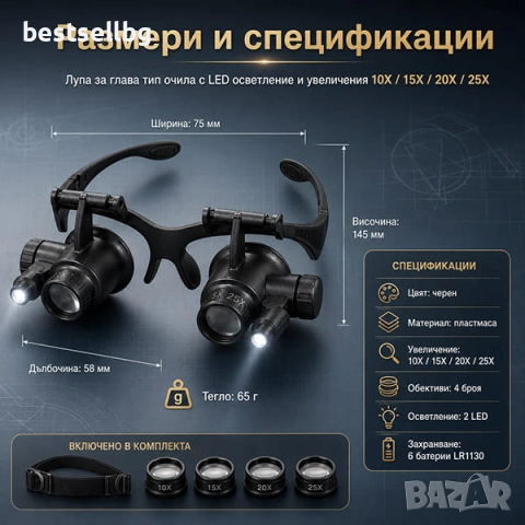 Часовникарска лупа за глава тип очила с LED осветление лампа голямо увеличение сменяеми лещи часовни, снимка 5 - Други инструменти - 13134539