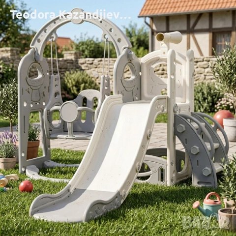 Детска сива пързалка с люлка 3 в 1 – за дома и двора, стабилна и безопасна конструкция