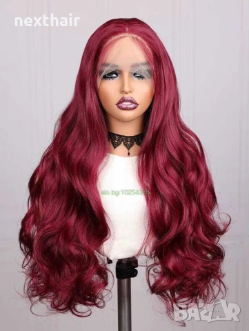 Тъмно червена бордо вълнообразна перука на път с дантела 13*4*1