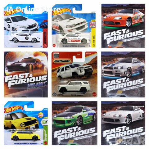 Hot Wheels Eclipse; Skyline R33, R34, R35 LB-Silhouette; Impreza; Toyota Supra; Lancer; Miata; S2000