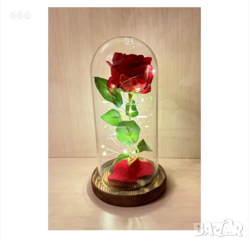 Роза в стъкленица, 20x10cm, LED осветление, Батерии 3хААА включени, снимка 2 - Декорация за дома - 55448851