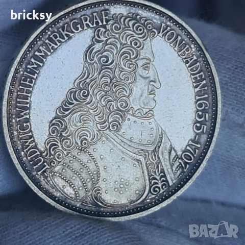 Германия 5 Deutsche Mark 1955 рядка сребърна възпоменателна монета – Markgraf von Baden, снимка 2 - Нумизматика и бонистика - 54986227