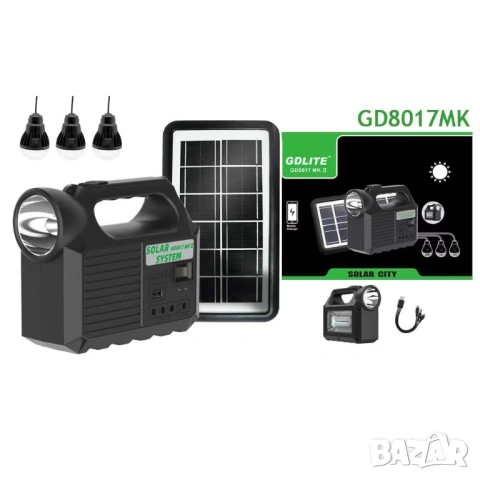 Комплект соларен фенер GD Lite GD-8017, 3 крушки, Преносим соларен панел, снимка 5 - Къмпинг осветление - 54818451