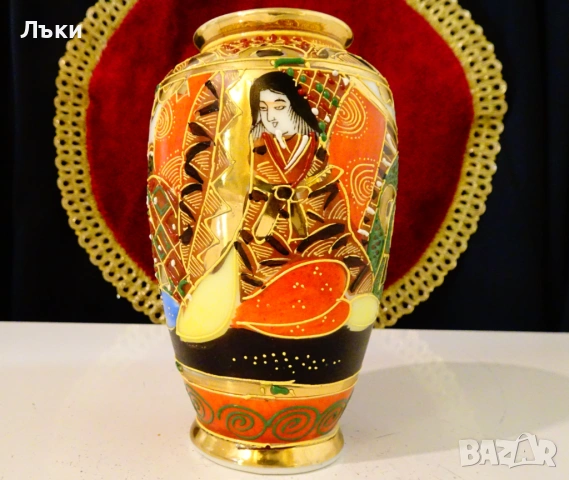 Порцеланова ваза Satsuma,злато,емайли,печат. , снимка 2 - Вази - 54081875