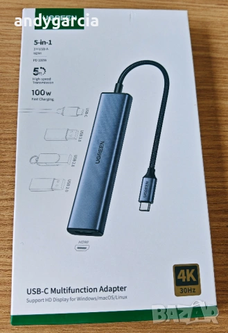 UGREEN 5-in-1 USB-C Hub 100W PD 4K@30Hz HDMI Resolution Up to 5 Gbps via 3 USB-A Ultra Slim адаптер, снимка 3 - USB Flash памети - 54079433