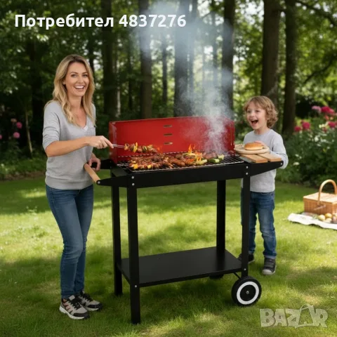 Градинско барбекю на колела, емайлирана стомана, 4 степени+ подарък 3 прибора, снимка 2 - Барбекюта - 55584917