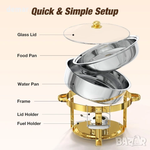 Комплект за бюфет WARMOUNTS 6L Gold Chafing Dish, 2 броя, кръгли съдове за затопляне с капак, снимка 8 - Сервизи - 54328098