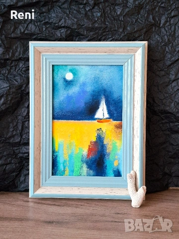 Нощно море, миниатюра, пастел, снимка 2 - Картини - 54025601