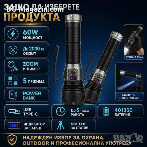 Професионален прожектор с лазерен диод COBA 60W – 2000м обхват Power Bank и димер, снимка 4 - Къмпинг осветление - 54027440