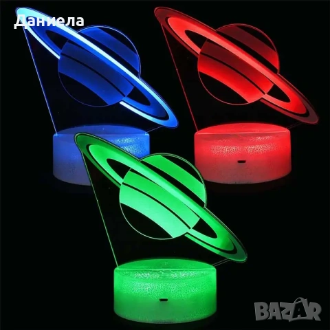 Ефектна нощна детска лампа, 3D LED, Сатурн, променящи се цветове, 20 см, снимка 2 - Други - 55266559