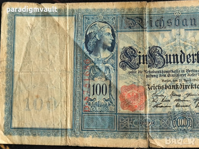 Райх банкнота - Германия - 100 марки | 1910г., снимка 2 - Нумизматика и бонистика - 54231283