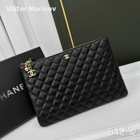 Chanel Clutch / Pochette – Висок клас реплика, Black Quilted Leather, Gold Hardware