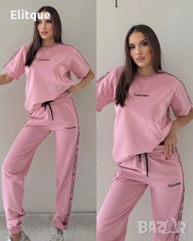 Дамски спортно-елегантен комплект Calvin Klein в розово и бежово – тениска и панталон 🌸, снимка 2 - Спортни екипи - 54583218