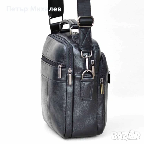 Мъжка чанта от естествена телешка кожа с много отделения, височина 27 см, черна, снимка 4 - Чанти - 55035776