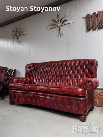 Chesterfield/Честърфилд Класически кожен диван – Бордо, снимка 2 - Дивани и мека мебел - 55281594