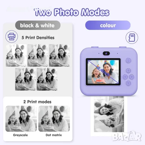 ASTGMI D500 Детски фотоапарат с моментален печат – 12 MP, 1080P, 32 GB, лилав, снимка 3 - Фотоапарати - 55539367