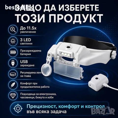 Увеличителна лупа за глава очила LED осветление четене бродиране шиене, снимка 5 - Други инструменти - 46856969