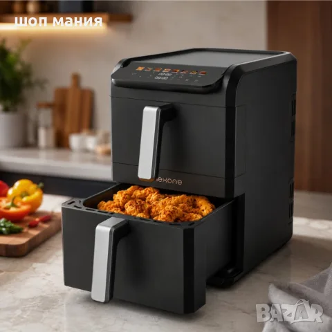 NexOne TwinFryer 11L – Двукамерен фритюрник с горещ въздух 2800W, две независими кошници, 8 прог
