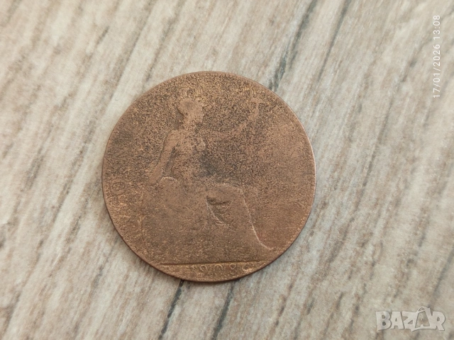 Монета 1908 Великобритания 1 Penny King George V, снимка 2 - Нумизматика и бонистика - 54662841