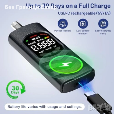 Нов Дигитален тестер за алкохол USB-C дрегер LCD 20 накрайника мундщука, снимка 4 - Друга електроника - 54283770