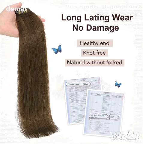 XDhair екстеншъни за коса тип „щипка“ от естествена човешка коса, средно кафява,100 гр.,6бр., 40 см, снимка 3 - Аксесоари за коса - 55568927