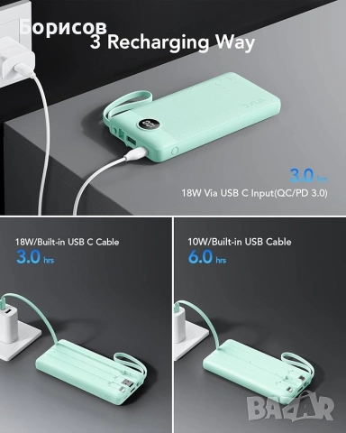 Преносима батерия (power bank) VRURC, модел T1116, с капацитет 10000 mAh и вградени кабели, снимка 4 - Външни батерии - 55068898