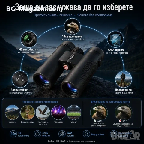Мощен ловен бинокъл Beileshi HD 10X42 за лов наблюдение на птици животни професионален туристически, снимка 3 - Екипировка - 50930379
