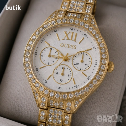 🤍 Дамски часовник Guess стил с бял циферблат и кристали