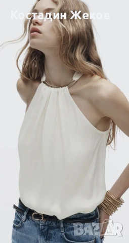 23€. Нов със етикет. Сатенен топ с халтер деколте от Zara. , снимка 3 - Корсети, бюстиета, топове - 54875254