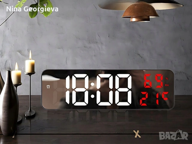 Електронен LED часовник-огледало с будилник и термометър, снимка 2 - Друга електроника - 54228766