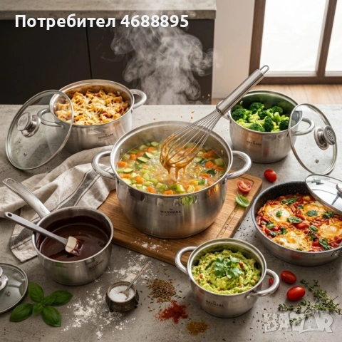 Комплект съдове за готвене Maxmark 12 части от неръждаема стомана – тенджери, касерола и тиган