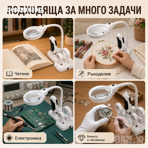 Ръчна и настолна лупа лед осветление за четене бродиране гоблени шиене, снимка 7 - Други инструменти - 29094174