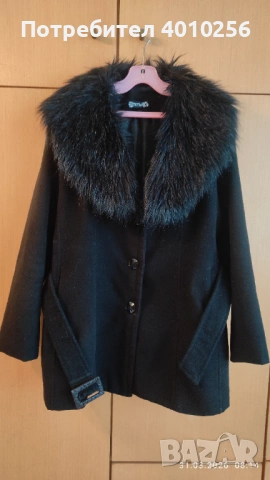 ЕЛЕГАНТНО ЧЕРНО ПАЛТО С КОЖЕНА ЯКА, Р. 50, БЪЛГАРСКО