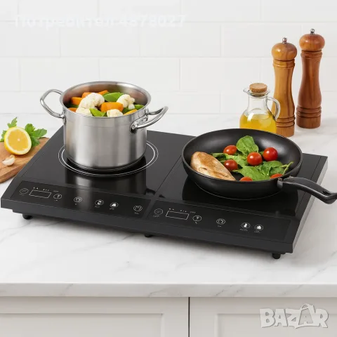 Двоен индукционен котлон Royalty Line RL-DIP4000.2 - 1400W+2000W, 80°C- 270°C, Кристална плоча, Тайм