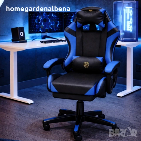 Геймърски стол с масажна функция и поставка за крака – ергономичен, черно-син, снимка 4 - Столове - 54118376