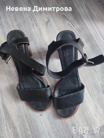 Черни сандали от естествена кожа с дървен дебел ток размер 38, снимка 3 - Сандали - 54214970