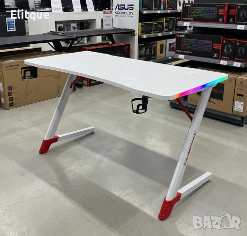 Геймърско бюро с RGB LED осветление, Бяло, 120 см – Карбоново покритие, Поставка за чаша и слушалки