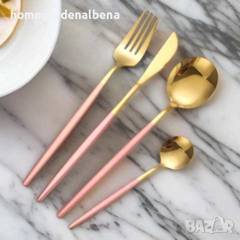 Комплект прибори за хранене 24 части неръждаема стомана златисто розово магнитна кутия, снимка 3 - Прибори за хранене, готвене и сервиране - 54166169