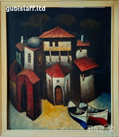 Картина, пейзаж, лодки, неразчетен автор, 1991 г.