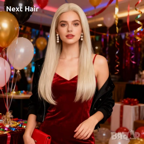 Платинено руса синтетична права перука - Lace Front 13x4, снимка 7 - Аксесоари за коса - 54614060