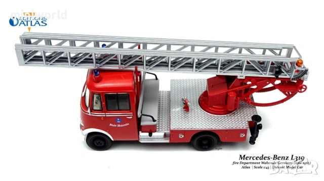 Mercedes-Benz L319 Пожарна стълба 1961 - мащаб 1:43 на Atlas моделът е нов в блистер, снимка 2 - Колекции - 54441009