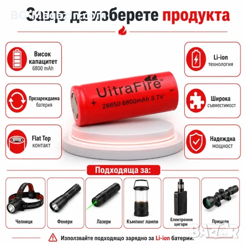 Презареждаща се акумулаторна батерия 26650 3.7V литиевойонна 6800mAh за фенр прожектор челник, снимка 5 - Друга електроника - 51102983