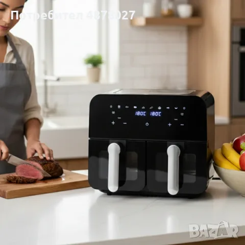 Двоен фритюрник с горещ въздух Cheffinger 9 л  с дигитален дисплей, стъклен прозорец и 360° циркулац, снимка 5 - Фритюрници - 55687983